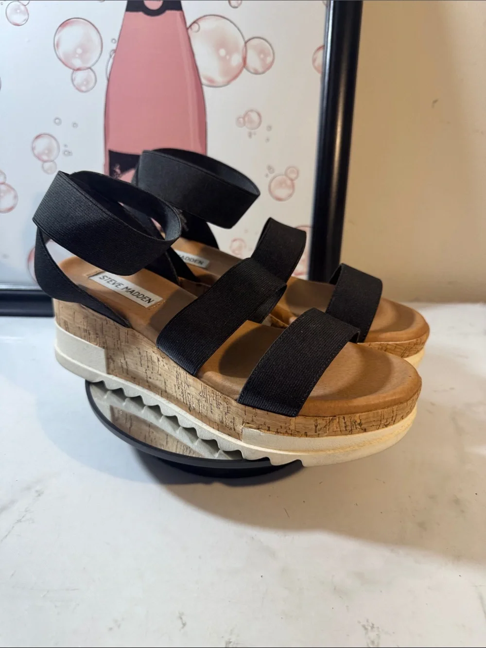 Steve Madden Women’s Bandi Black Elastic Cork Platform Sandals - Size 7M